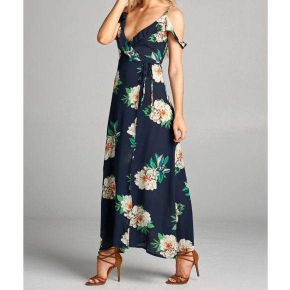 Floral Cold Shoulder Maxi Wrap Dress - Picture 1 of 7